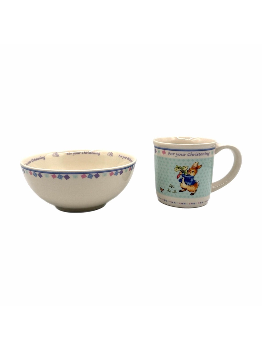 Vintage Wedgwood Peter Rabbit Christening Ceramic Cereal Bowl & Mug Set